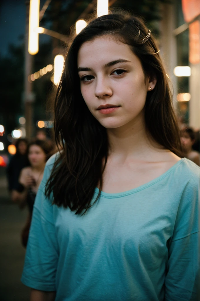 polaroid photo, night photo, 14 year old photo.oh beautiful woman, pale skin, bokeh, motion-blur