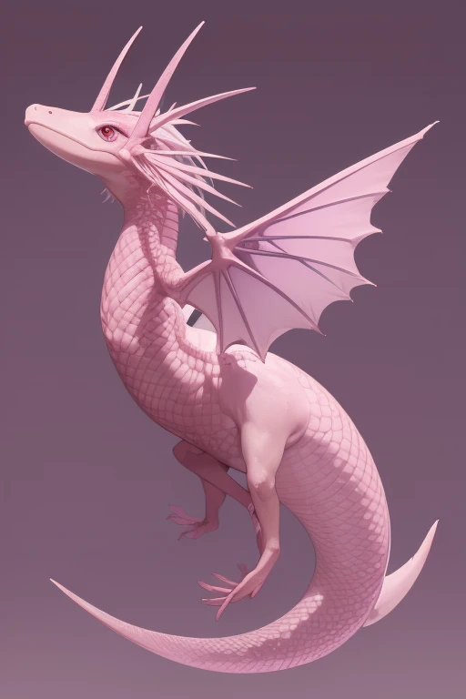 a large pink flying axolotl dragon looking directly at the viewer pale purple background