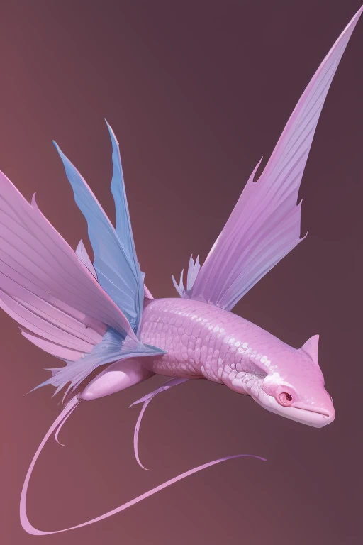 a large pink flying axolotl dragon looking directly at the viewer pale purple background