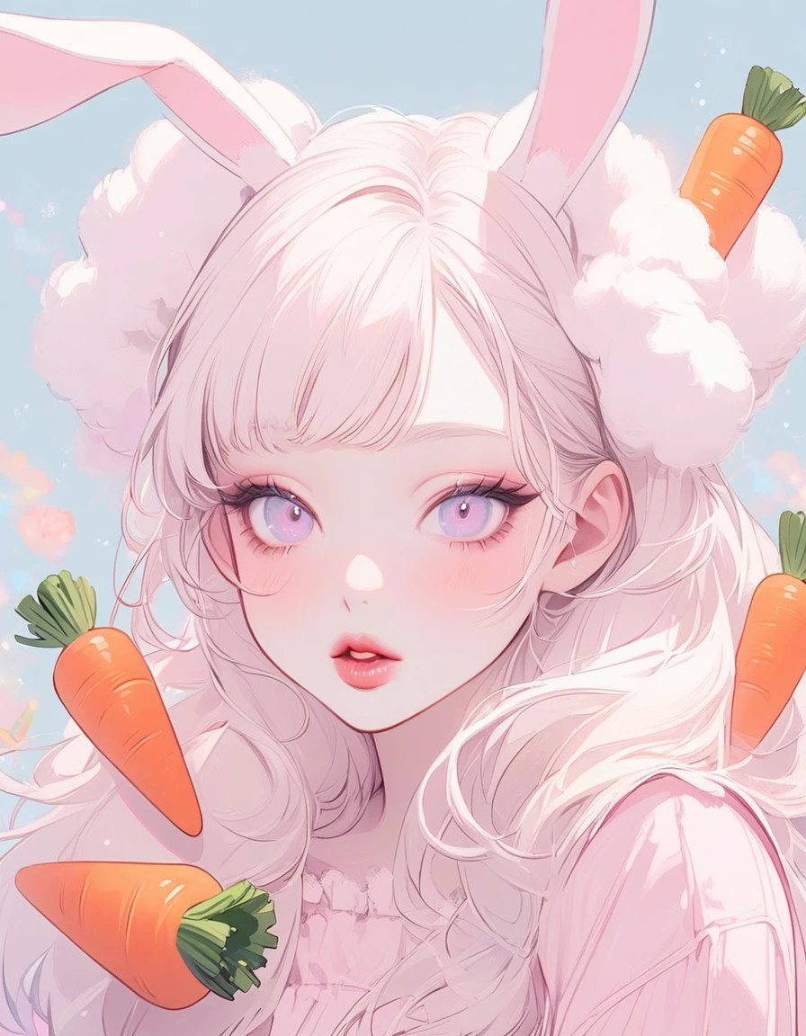 Girl, white hair, albino, beautiful, pastel pink shirt, pastel colors, lipgloss, brat, ethereal, submissive, white bunny ears, cute, fluffy ears, sweet, carrot