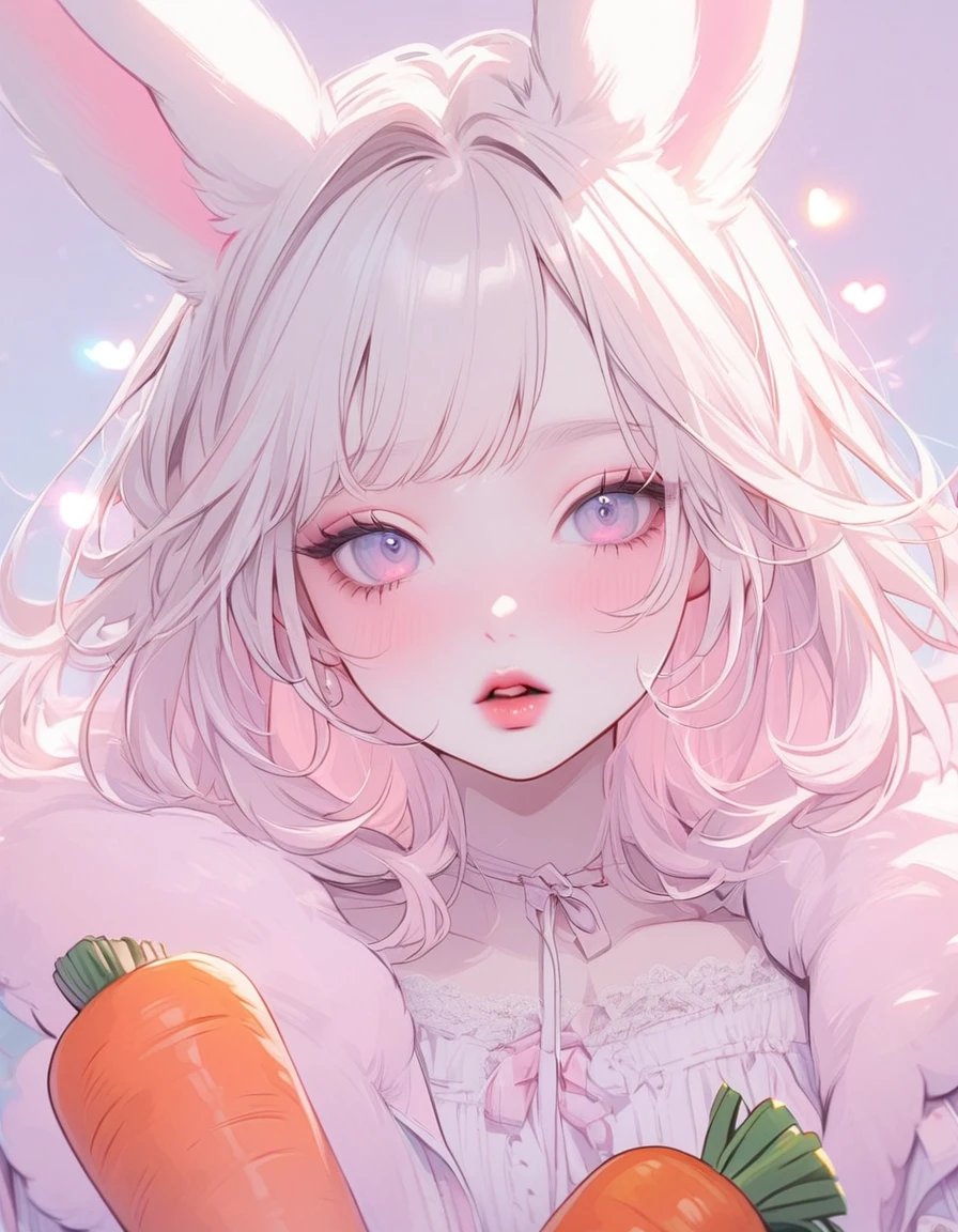 Girl, white hair, albino, beautiful, pastel pink shirt, pastel colors, lipgloss, brat, ethereal, submissive, white bunny ears, cute, fluffy ears, sweet, carrot