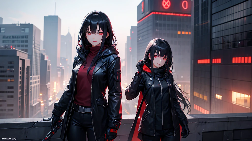 最high resolution,high resolution,Legendary Assassin, Beautiful Teenage Woman,Small breasts,black hooded coat , Grey Shirt,Black pants,Fearless smile, Red lips, Black Hair, Red eyes, realism, Night city view from the top of a skyscraper,Neon Town,Digital Painting, Concept Art, Smooth, Sharp focus, Three-part method, Style Psycho,Detailed Eyes,assassin&#39;s creed