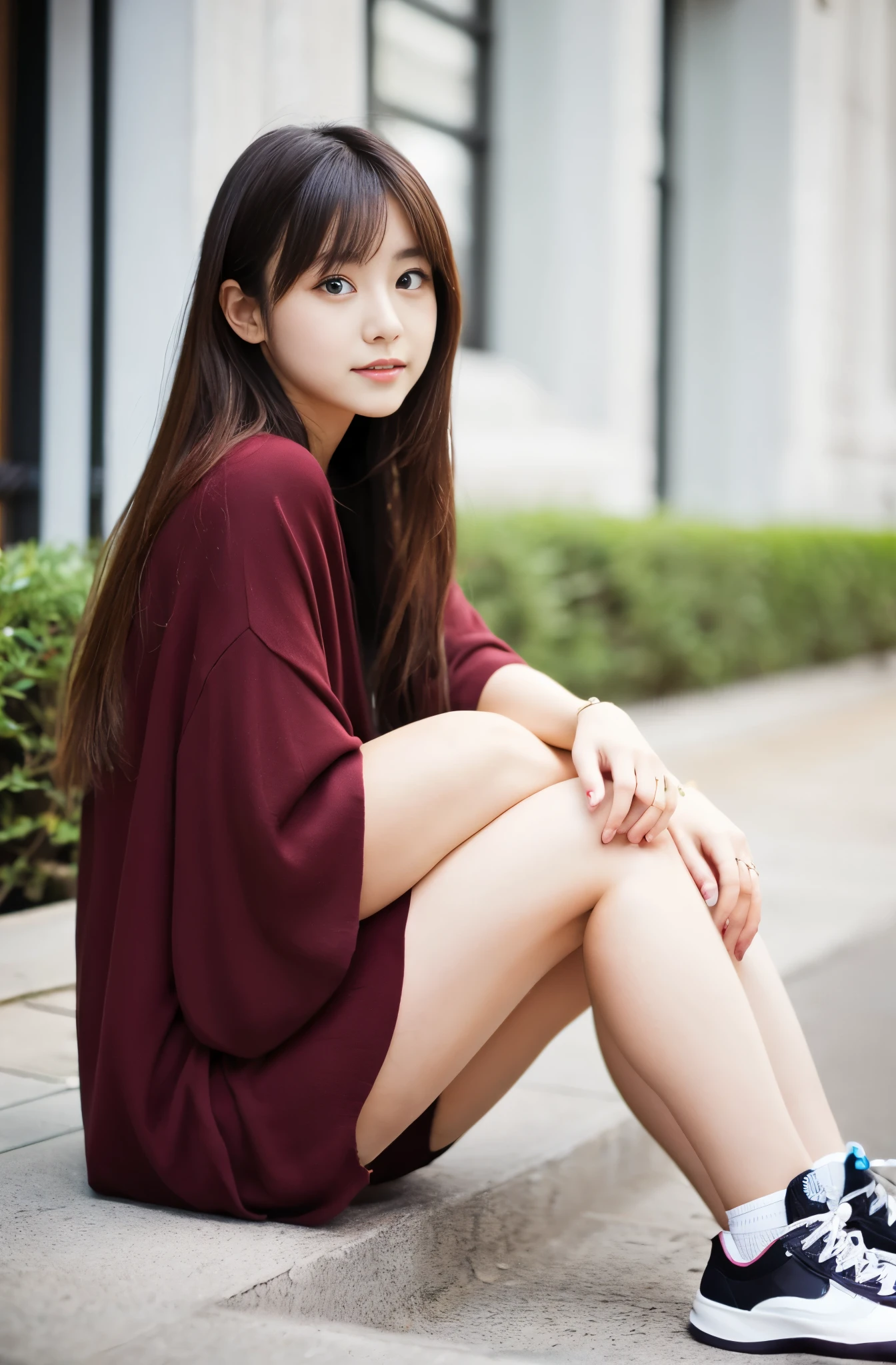 22w 2020s fashion, full body of a 20-year-old Japanese beauty sitting, snapshot not looking at the camera, double and big eyes, face is downcast, beautiful thigh
