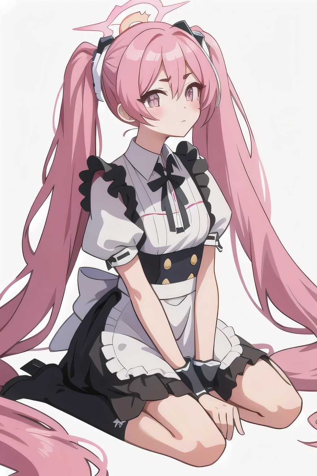 koyukiid, twintails,  very long hair. halo,cute,maid outfit,white background,sitting