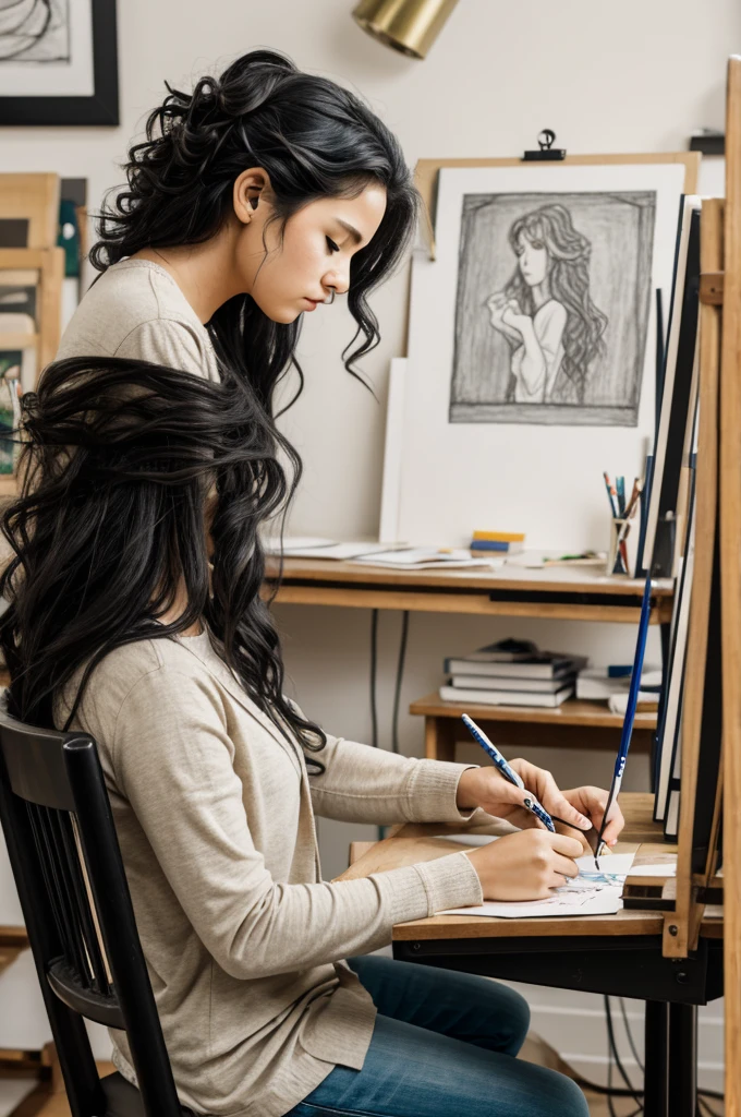 Sad artist sitting on a chair in her drawing table losing a hold on a pen. Black wavy hair.