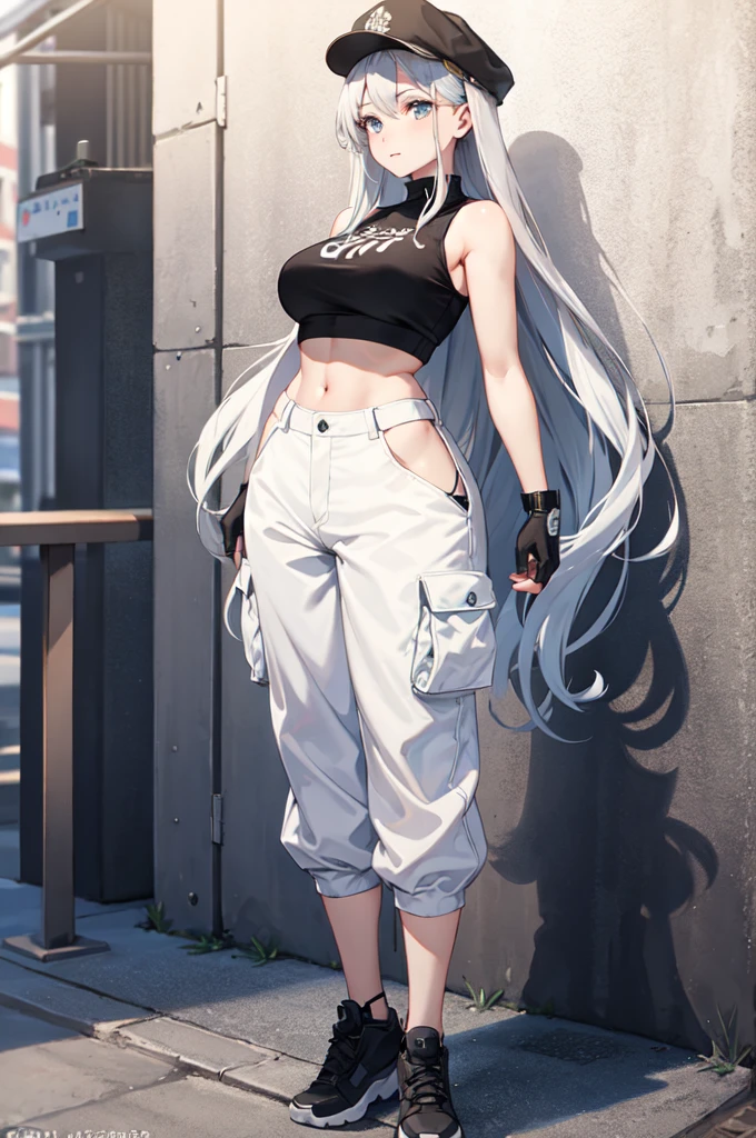 ((best quality)), ((masterpiece)), (detailed), 1girl, sleeveless white crop top, oversized baggy white cargo pants, long silver hair, perfect face, perfect body, curved body, tall girl, standing, facing the camera, wearing a black cap
