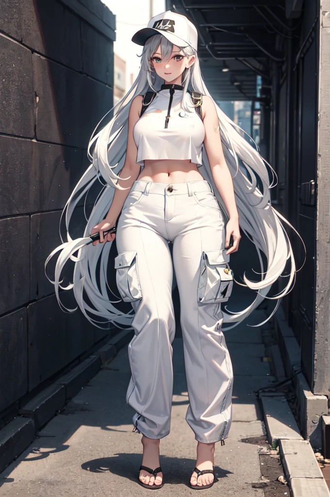 ((best quality)), ((masterpiece)), (detailed), 1girl, sleeveless white crop top, oversized baggy white cargo pants, long silver hair, perfect face, perfect body, curved body, tall girl, standing, facing the camera, wearing a black cap