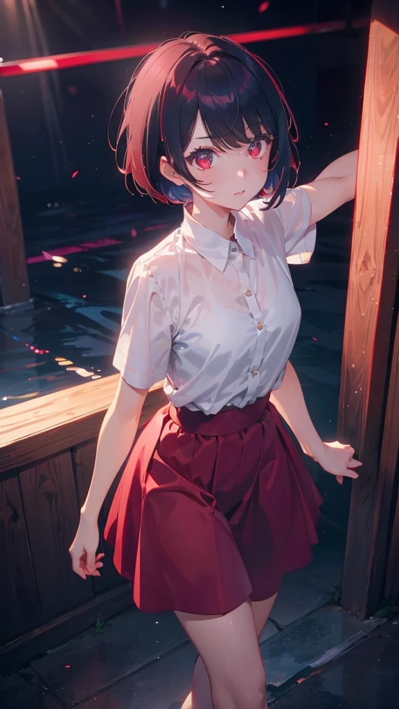 girl with short bob hair,Red eyes ,A shining heaven,Walking in heaven,細い脚