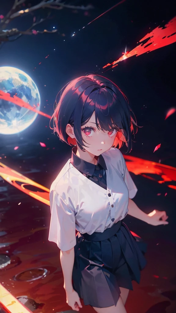 girl with short bob hair,Red eyes ,A shining heaven,Walking in heaven,細い脚