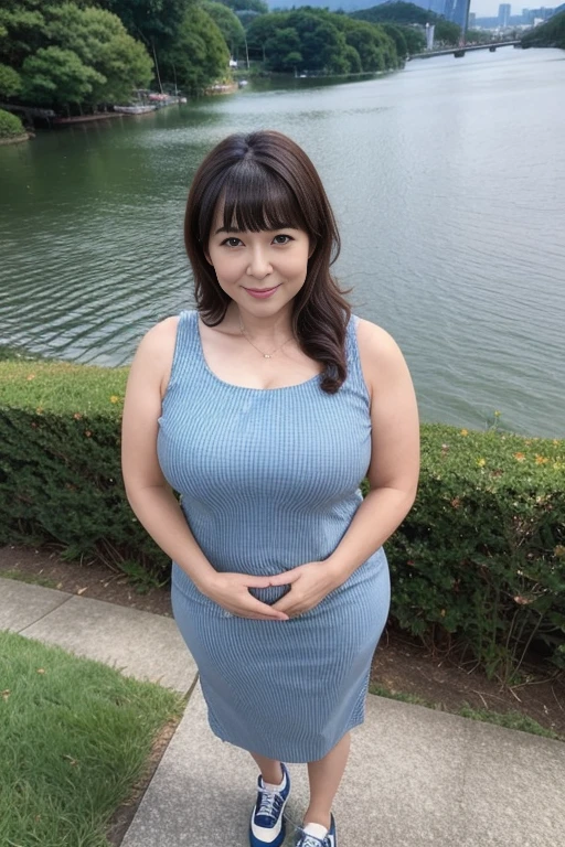 Beautiful sexy 50 year old adult with a curvy body, Long hair, Bangs, Double tail, Wide waist, Suitable for breast, Prominently curvy buttocks, Bright Eyes, Long eyelashes, Strong calves, A faint smile, Japan Adults,Pretty striped summer dress, sports shoes, group photo, River in the background, Oyama, Reality, Sunset, masterpiece, Bokeh, Volumetric Lighting, summery vibe, High Angle Shot