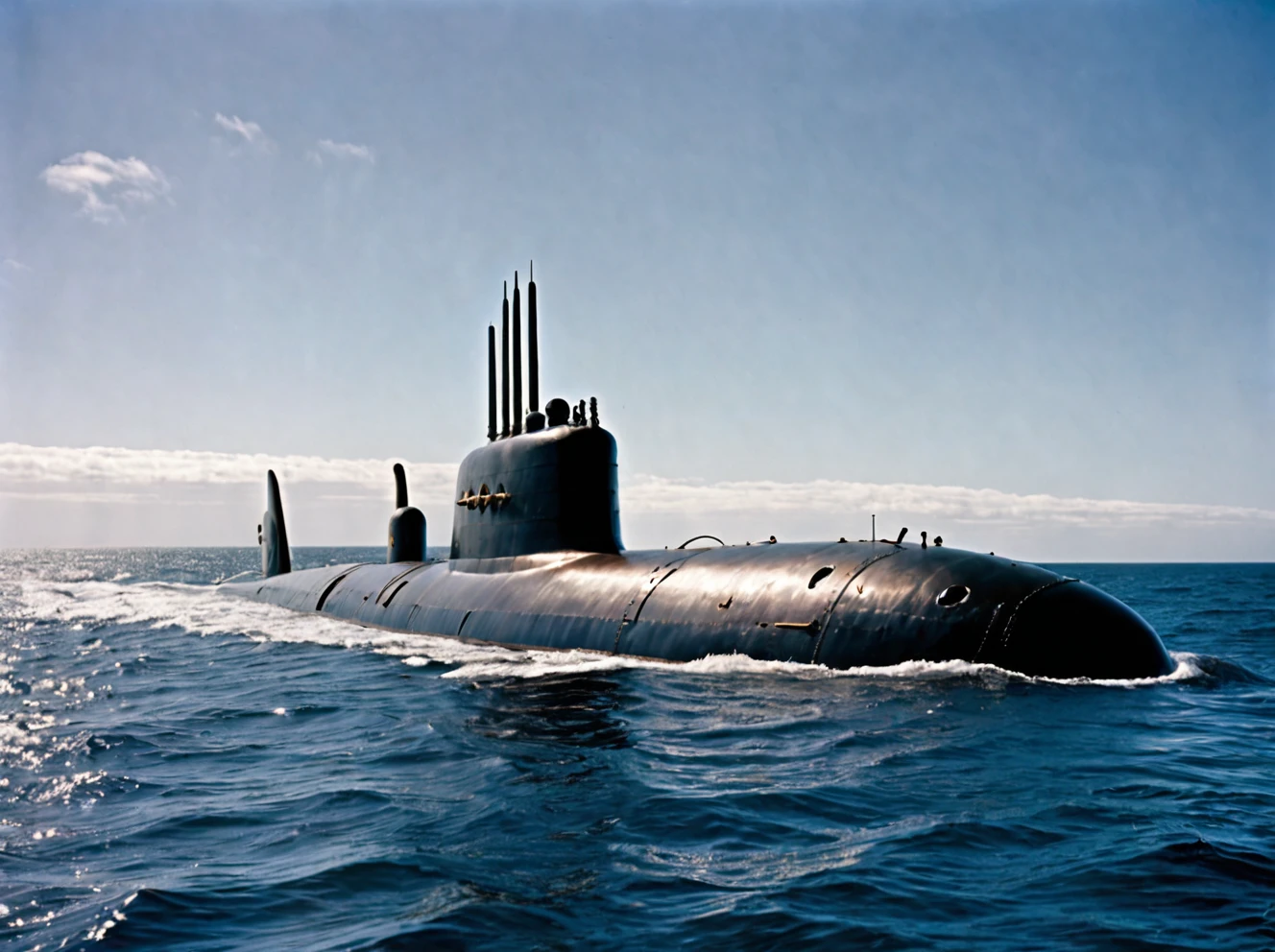 photo of the captain nemo submarine in the distance, nautilus submarine on the ocean, coast of south Africa, outdoors ocean, realistic scenery. very wide shot, landscape, film, professional