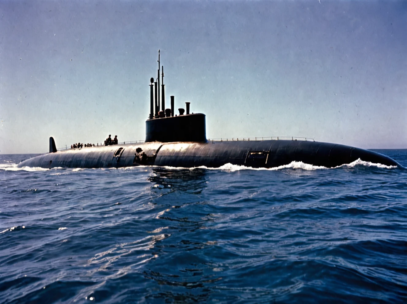 photo of the captain nemo submarine in the distance, nautilus submarine on the ocean, coast of south Africa,  outdoors ocean, realistic scenery. very wide shot, landscape, film, professional