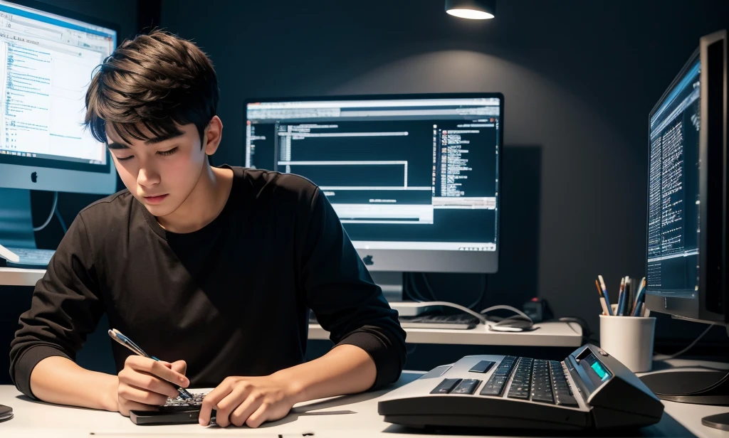 Generate an image with a young man working with computer programming