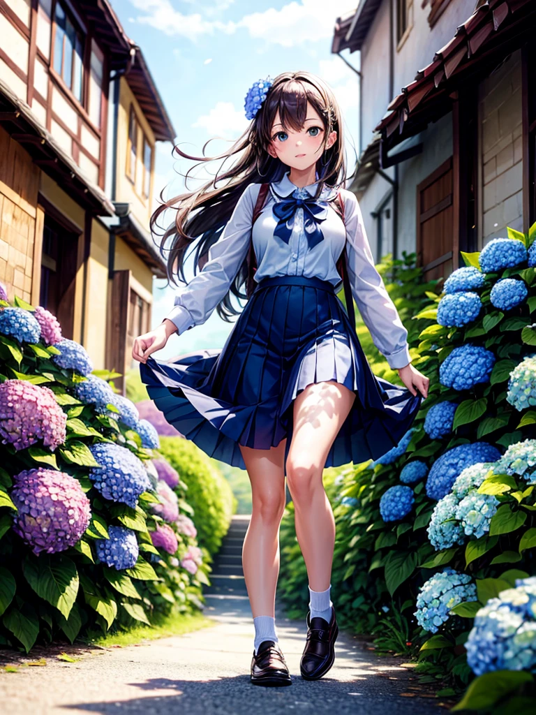 Highest quality,Highest Resolution,A high school girl walking down a road with hydrangeas blooming on both sides,