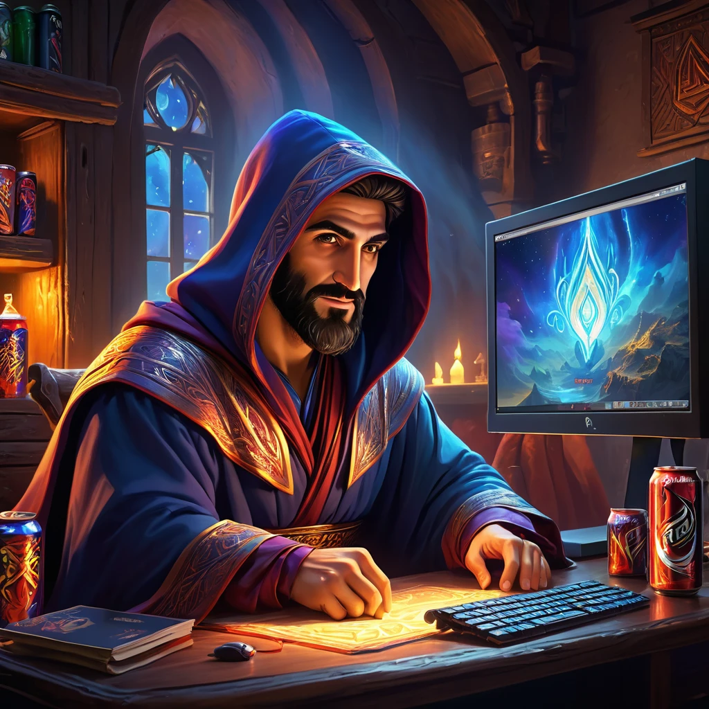 (cartoon style:1.2), (Armenian man:1.3), (magical robe with hood:1.5), (sitting in front of a computer monitor:1.2), (chat window open on screen:1.0), (energy drink cans on table:1.2), (magical and mystical atmosphere:1.5), best quality, masterpiece, detailed soft oil painting, detailed background, dramatic cinematic lighting, soft edge lighting, professional, dramatic lighting, hard edge lighting, ultra quality, 4k, masterpiece, best quality, 8k, ultra high definition, high resolution, extremely detailed