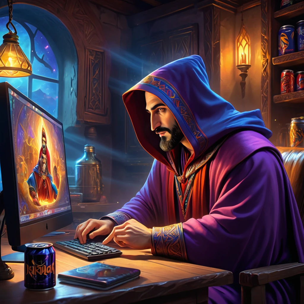 (cartoon style:1.2), (Armenian man:1.3), (magical robe with hood:1.5), (sitting in front of a computer monitor:1.2), (chat window open on screen:1.0), (energy drink cans on table:1.2), (magical and mystical atmosphere:1.5), best quality, masterpiece, detailed soft oil painting, detailed background, dramatic cinematic lighting, soft edge lighting, professional, dramatic lighting, hard edge lighting, ultra quality, 4k, masterpiece, best quality, 8k, ultra high definition, high resolution, extremely detailed