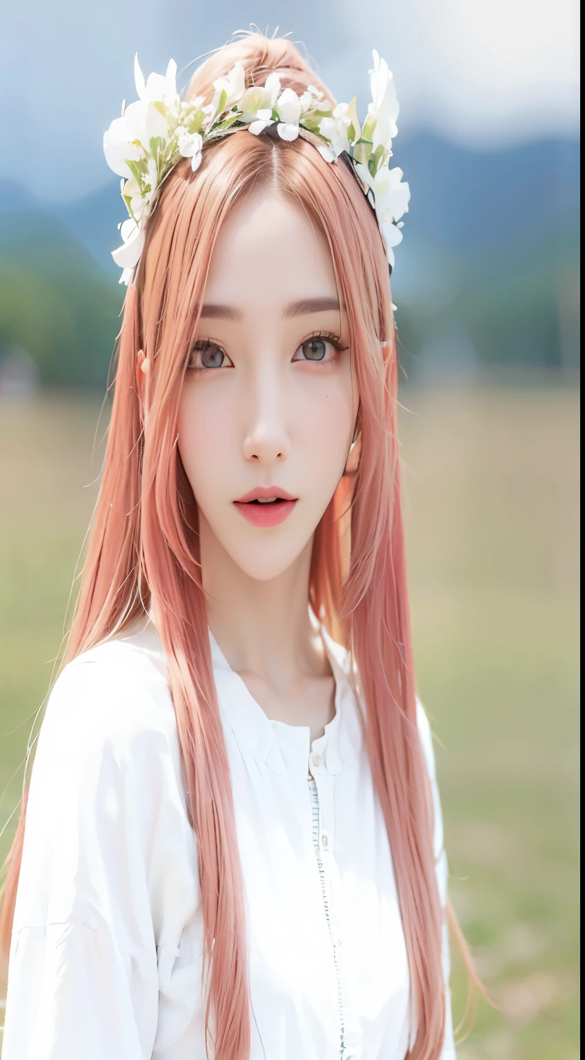 yes, 1 woman, alone, haziness background, pink hair, outdoors, my face shines, realistic, black eye, upper body, Lips, detailed eyes, detailed iris, detailed face, afternoon, sky, realistic, haziness, blue sky, shirt, white shirt, beautiful hair, jacket, flower crown, closed mouth, looking at viewer, mackerel, light smile,
