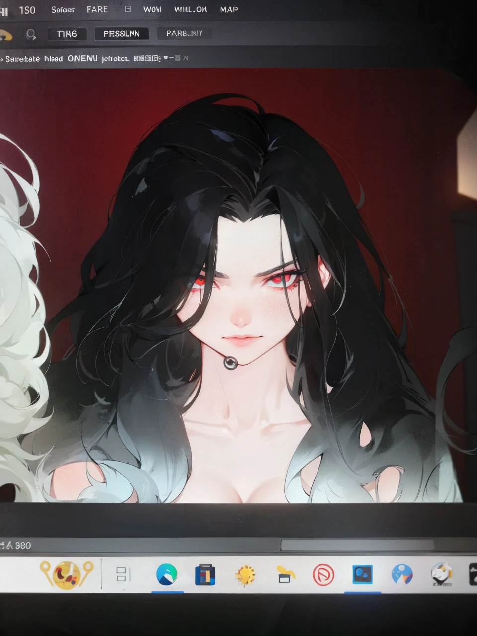 a millitary general with black and white hair, a red and green clockwork eyes.