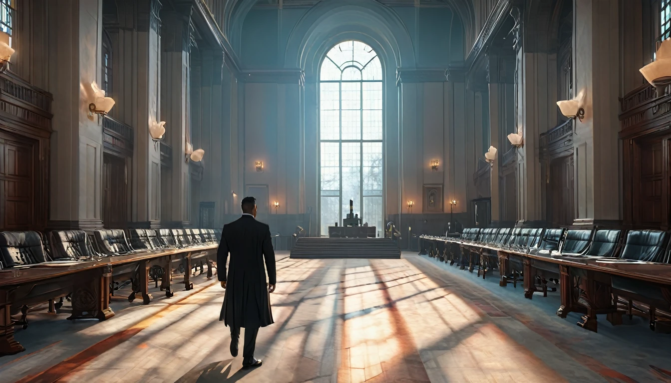 Politician man, wearing a black suit. The scene is a large parliament hall. 4k masterpiece, best quality, (Highly Detailed CG Unity 8k Wallpaper), (Best Quality), (Best Illustration), (Best Shadows), Incredibly realistic lighting, (Depth), Beautiful glow, Art by Peter Mohrbacher.