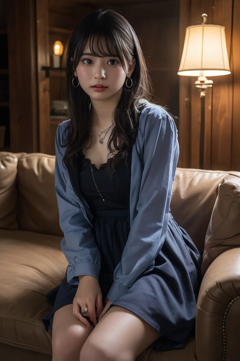 (Highest quality:1.4),(masterpiece:1.4),(Realistic:1.4),(Realistic:1.2),(超High resolution, RAW Photos:1.4),(High resolution, Super detailed:1.2),(8K:1.2),View your audience,Cinematography,One Girl,skeletally correct,Black-haired woman,(Small earrings,necklace,Witch Cosplay,View from the front),(Inside the Western-style building,Dimly lit room,The lamplight shines on my cheeks,Sit on the sofa)