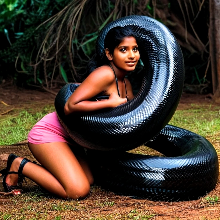  Happy Horny, aroused 1girl), beautiful kneeling Indian young  girl  with  giant colossal black titanboa squeezing her hard, wrapped in thick spiraling coils, constricted, struggle, gasping for air, snake attack, snake peril, moonless night, dim light