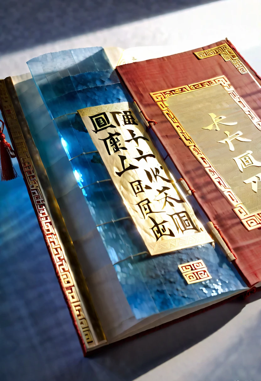An unrolled ancient Chinese rice paper book, opened and placed, glass material, written with Chinese characters in gold, transparent, light blue, white, light gold, C4D, OC renderer, dreamlike, combined with the sense of the ancient and the future, three-dimensional ancient, bioluminescent, a beam of light, three-dimensional ancient, romantic ancient, light yellow, clean background, Zhao Wuji, Clear particles, clear light and shadow, real and virtual fields, ultra-high resolution, the overall composition is very artistic and spatial --ar 3:4