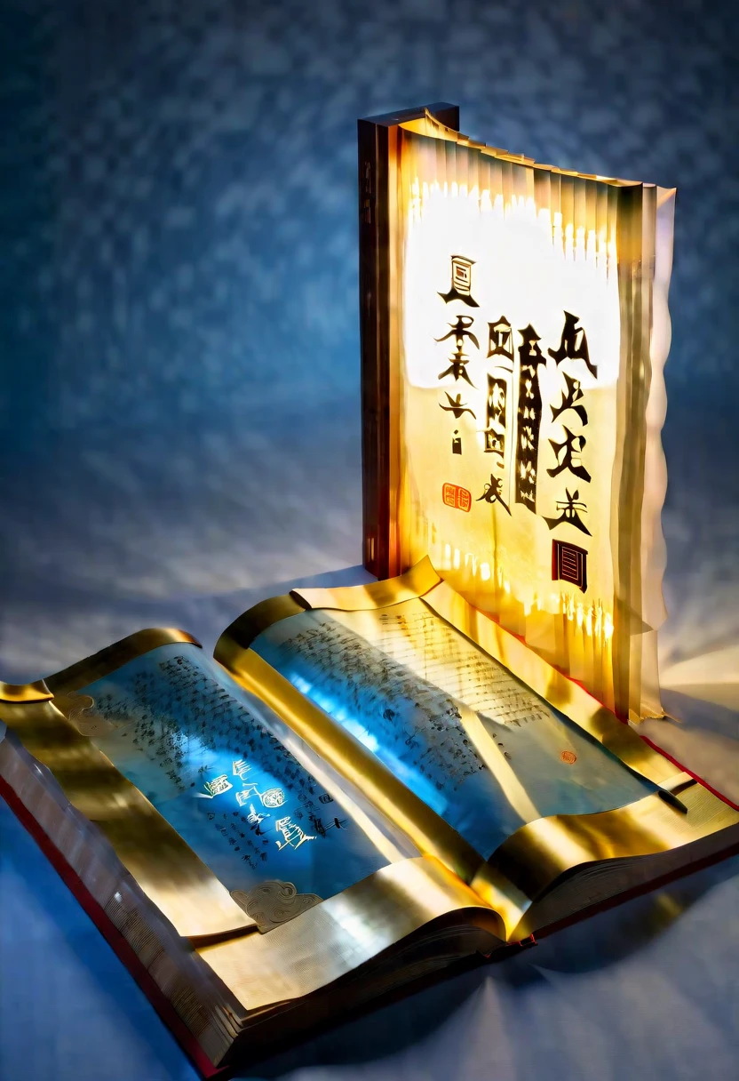  An unrolled ancient Chinese rice paper book, opened and placed, glass material, written with Chinese characters in gold, transparent, light blue, white, light gold, C4D, OC renderer, dreamlike, combined with the sense of the ancient and the future, three-dimensional ancient, bioluminescent, a beam of light, three-dimensional ancient, romantic ancient, light yellow, clean background, Zhao Wuji, Clear particles, clear light and shadow, real and virtual fields, ultra-high resolution, the overall composition is very artistic and spatial --ar 3:4
