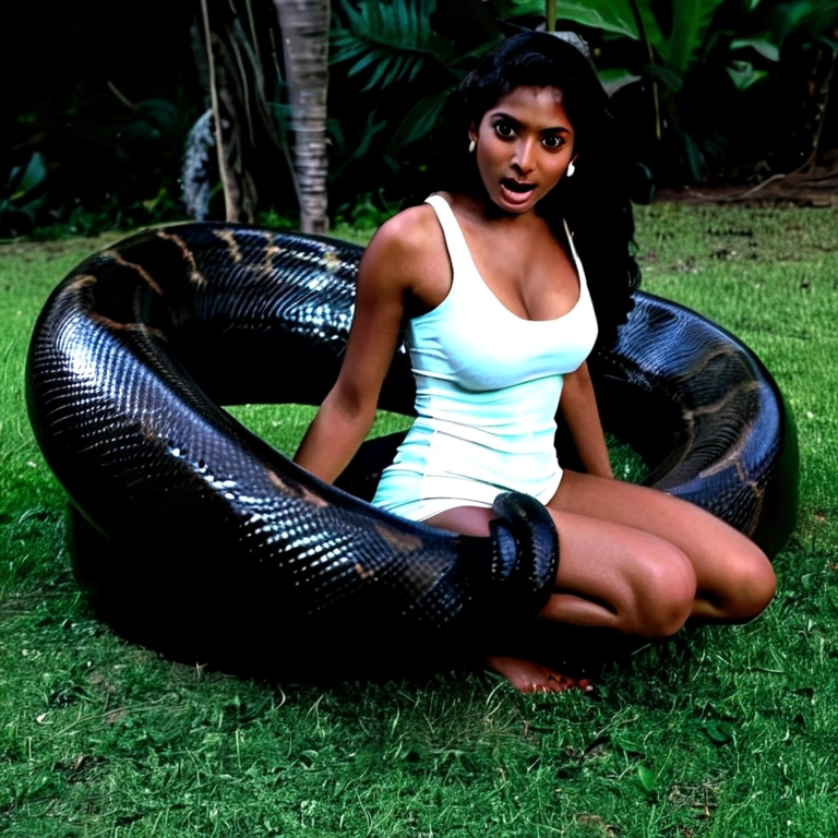  Happy Horny, aroused 1girl), beautiful kneeling Indian  girl  with  giant colossal black titanboa squeezing her hard, wrapped in thick spiraling coils, constricted, struggle, gasping for air, snake attack, snake peril, moonless night, dim light