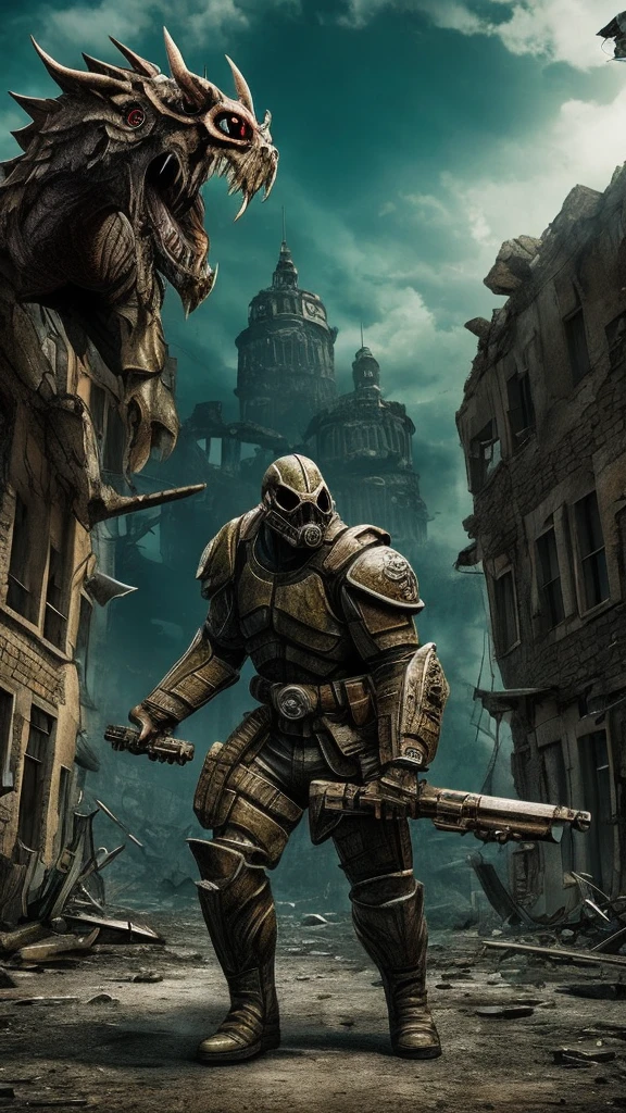 High-quality images biohazard style Creatures Close call grotesque Real Background: Ruined town
