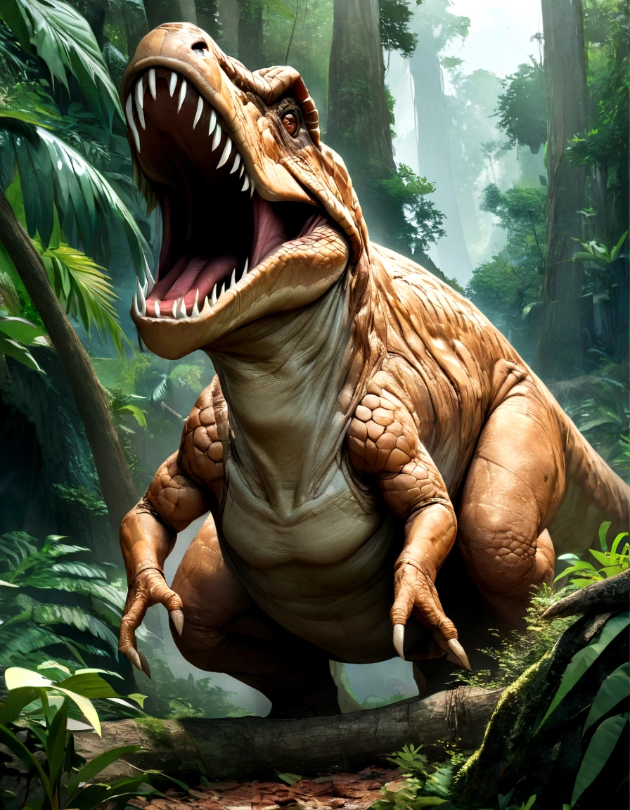 masterpiece,live-action,4K,Create hdr max of dinosaur AI8k,jungle,bark,huge,Ancient,Reality,Open your mouth
