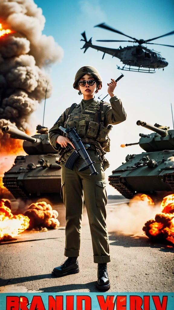 poster image of a beautiful tomboyish Asian woman with short straight hair wearing an army uniform trousers wearing sunglasses brandishing a firearm with a background of explosions, helicopters, steel tanks, the poster, at the bottom of the poster says WAR OF THE WORLD,