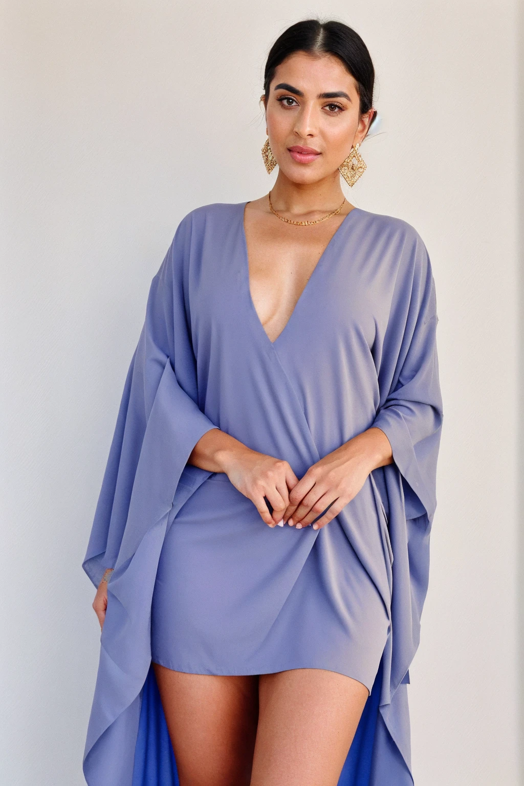 RAW photo,candid photograph, full body,photo of a beautiful,influencer,30yo Kurdish woman,wearing a beige Kaftan, detailed skin,pubes,naked, looking at viewer, thick body structure,white background,no background, candid pose,blue light, film grain, kodak color, instagram LUT
