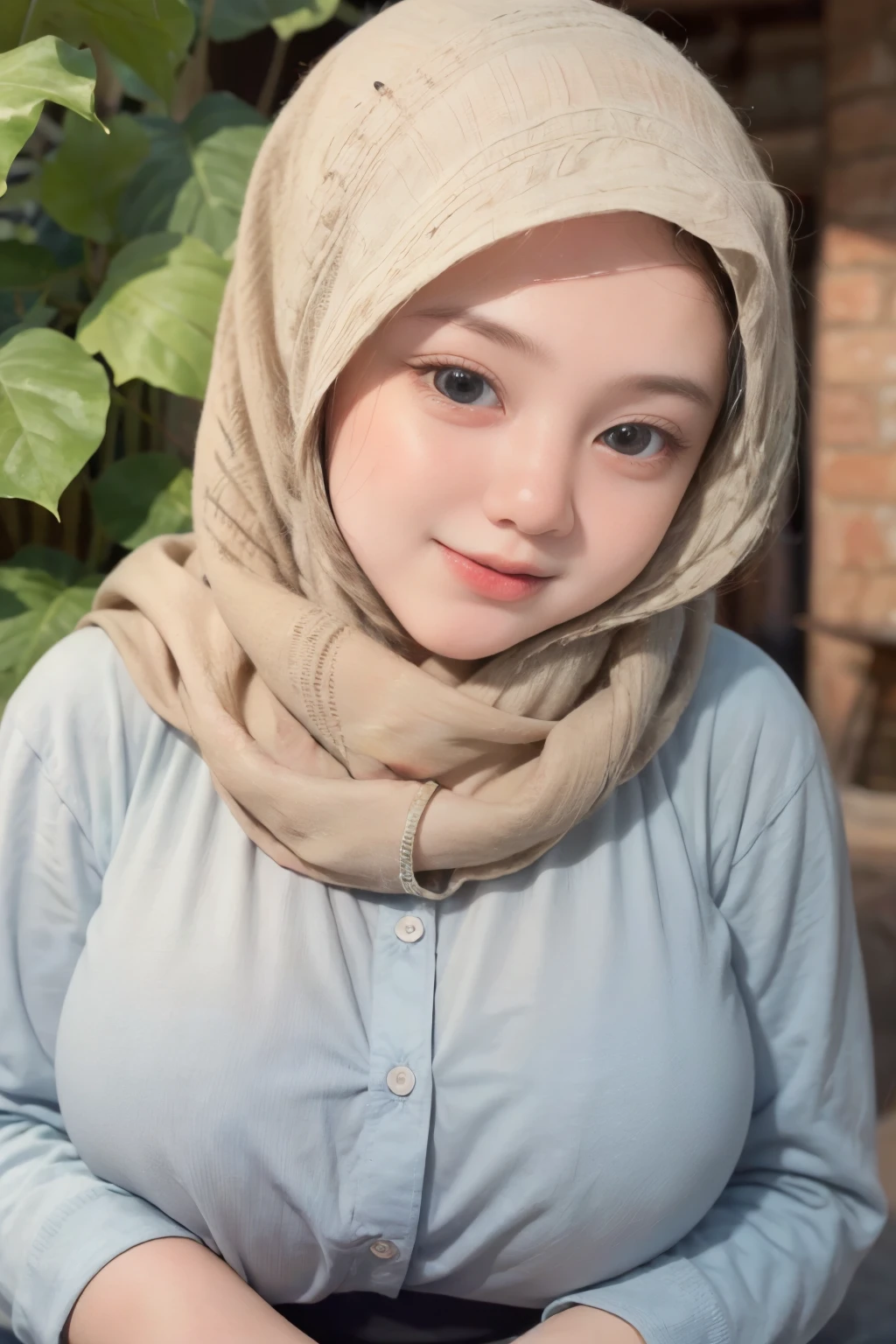 adorable, 1 girl, (face to face), 10 years old, baby face, happy, half body portrait, (face details: 1), (eye details: 1), ((big breasts)). wearing light blue long shirt, hijab, .. Cute posed. proportional body. Ultra High Res. realistic: 1.4, UHD