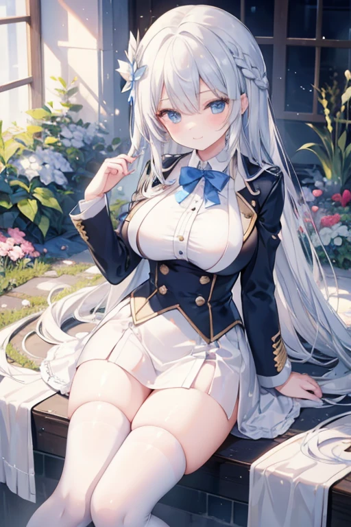 young girl, silver-diamond hair, blue eyes, beautiful and detailed eyes, white academy uniform, blazer, big breasts, long hair, (In the flower garden )Smiling mischievously, white stockings