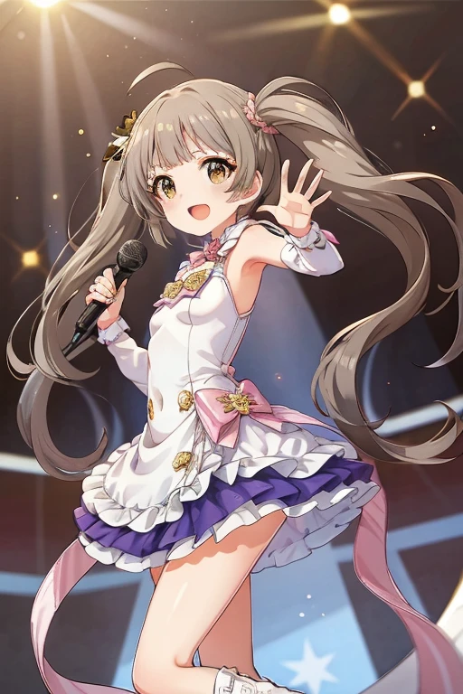 masterpiece, best quality, 4k, caustics, high details, sparkle, front view, solo live, 1girl, lolita, long twin tails, 1ahoge, flaxen color hair, straight bangs, (gold color eyes), droopy eyes, sparkling eyes, flat chest, small breasts, slender, super happy smile, open mouth, extreamely detailed background, live stage, neon light, many audience, cute idol dress, light pink costume, mini skirt, thigh-high socks, boots, hold the microphone in your hand, sing a song, singing, illuminated by a spotlight, Backlit