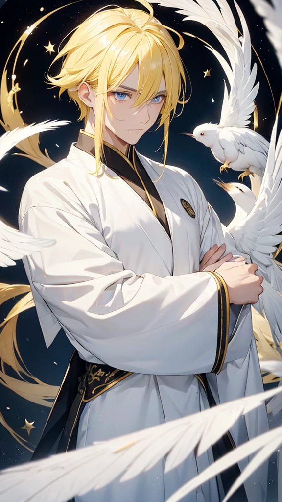 A guy with yellow hair with long eyes, white color, tears of golden color, black white squirrels in blue eyes, star, Chinese ancient clothes, gray color, wings and white feathers below 