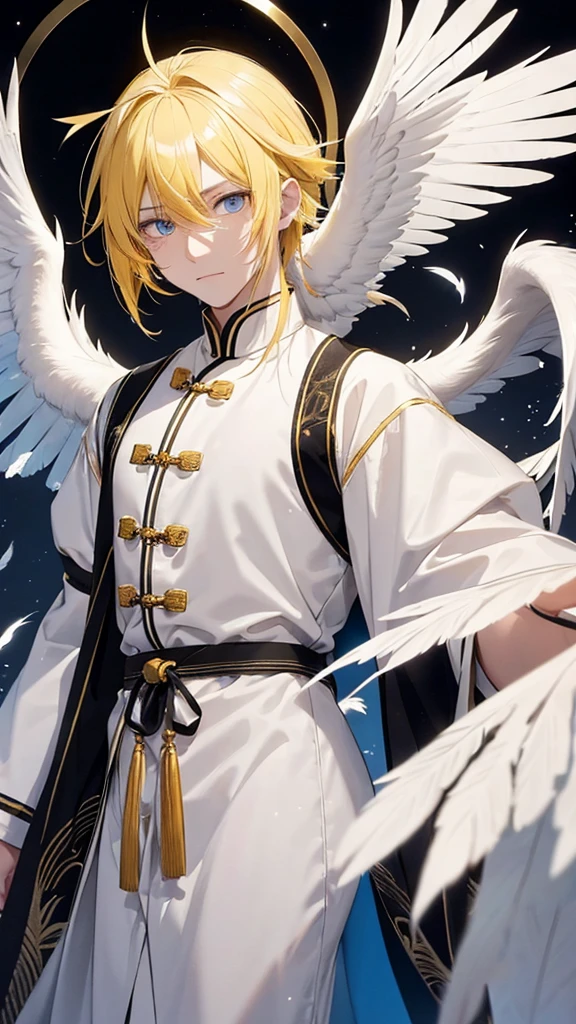 A guy with yellow hair with long eyes, white color, tears of golden color, black white squirrels in blue eyes, star, Chinese ancient clothes, gray color, wings and white feathers below