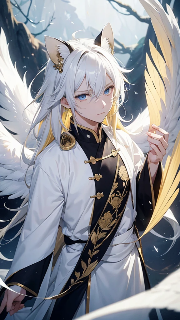 A guy with yellow hair with long eyes, white color, tears of golden color, black white squirrels in blue eyes, star, Chinese ancient clothes, gray color, wings and white feathers below