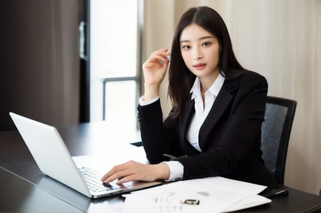 Woman in suit, Female Merchant, young Female Merchant, woman in black suit, female lawyer, Corporate attire, Girl in a suit,Best picture quality,Higher quality,High Detail,Ultra-high resolution,8K resolution,masterpiece,Exquisite facial features,Perfect face