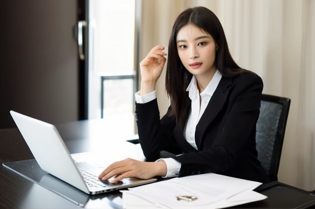 Woman in suit, Female Merchant, young Female Merchant, woman in black suit, female lawyer, Corporate attire,  Girl in a suit,Best picture quality，Higher quality，High Detail，Ultra-high resolution，8K resolution，masterpiece，Exquisite facial features，Perfect face