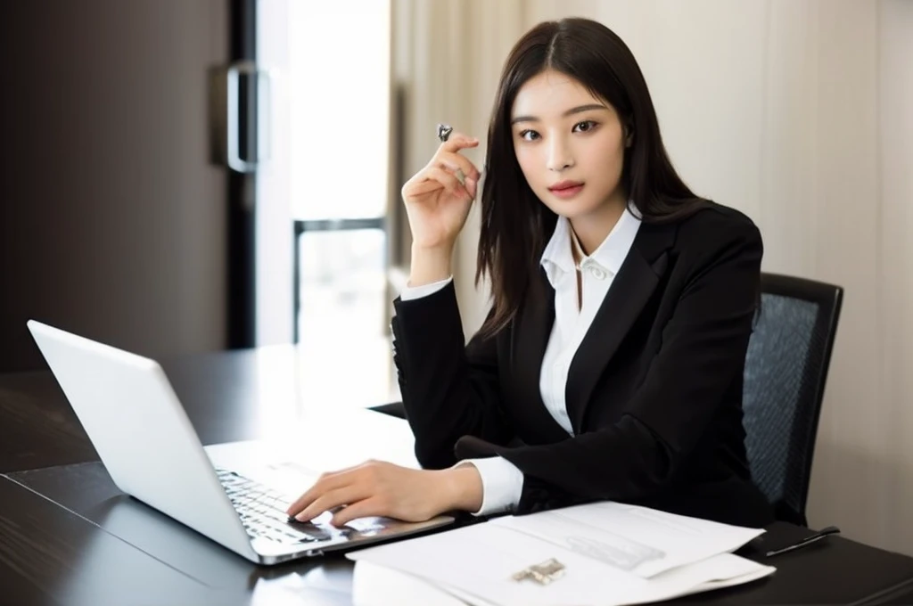 Woman in suit, Female Merchant, young Female Merchant, woman in black suit, female lawyer, Corporate attire, Girl in a suit,Best picture quality,Higher quality,High Detail,Ultra-high resolution,8K resolution,masterpiece,Exquisite facial features,Perfect face