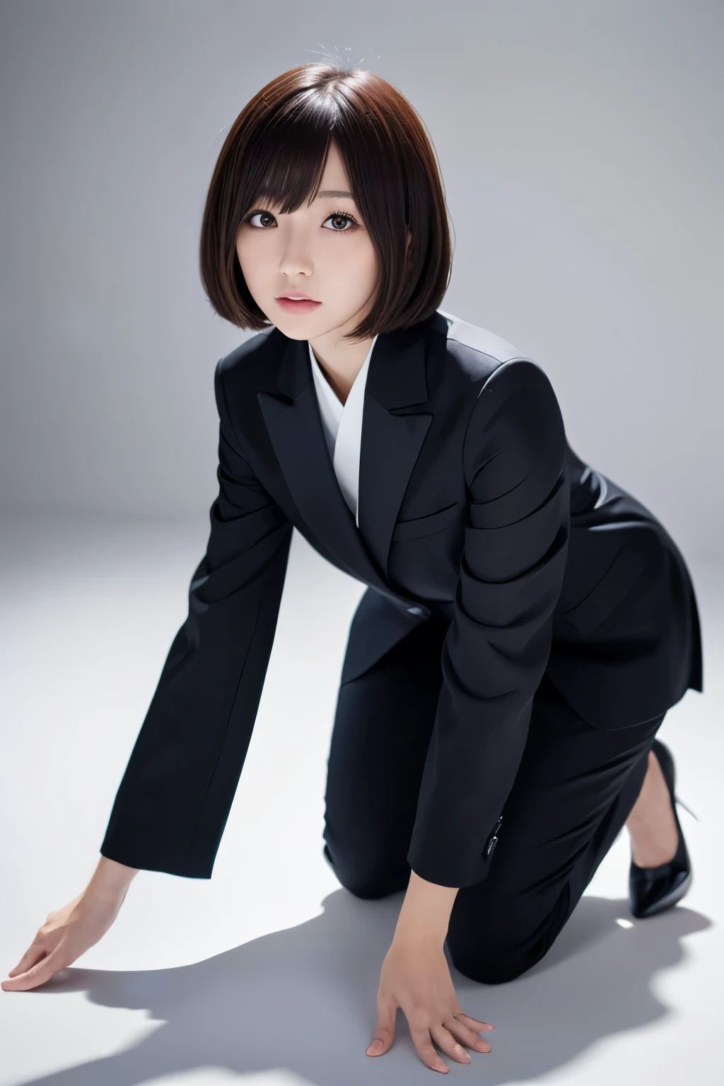 high quality, High resolution, 8K,Japanese、Shortcuts、Sharp Face、slender、suit、On all fours