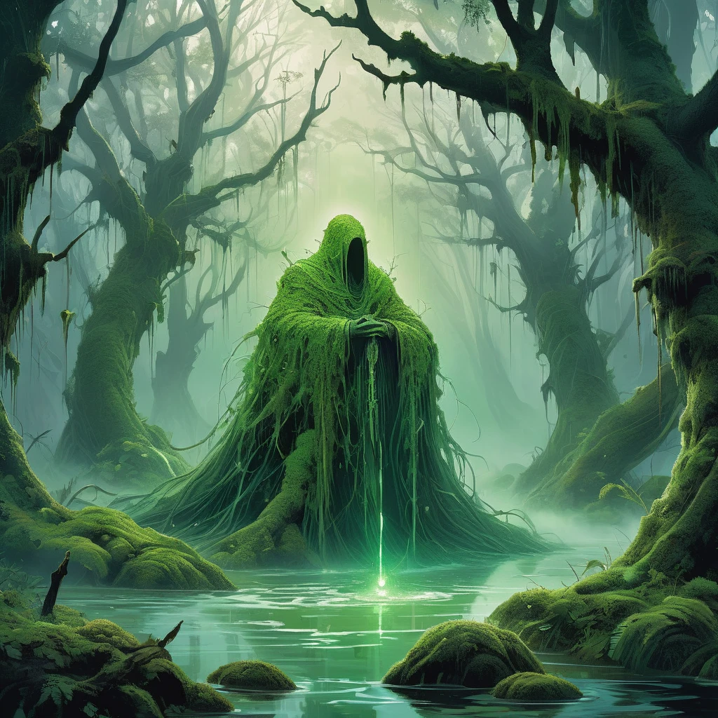 In the murky depths of the Forsaken Marshes, where mist clings like a shroud to twisted trees and the air echoes with the mournful cries of spectral beasts, lives a diminutive swamp creature known as Moss. Covered in shimmering green scales that blend seamlessly with the moss-covered trees and murky waters, Moss navigates their watery domain with silent grace and a keen sense of survival.
Born of ancient magic and shaped by the eerie whispers of the marsh's forgotten spirits, Moss is both feared and revered by the nearby villagers. Legends tell of their ability to manipulate the marsh's elements—shrouding intruders in thick mist or summoning spectral lights to lure the unwary into treacherous quagmires.
When a darkness descends upon the land—a spreading corruption that threatens to engulf the marsh and its inhabitants—Moss becomes an unlikely hero. Drawn into a quest to unravel the source of the blight, they forge an unlikely alliance with a courageous young healer or a battle-hardened knight burdened by past regrets.
Together, they navigate treacherous bogs and elude the grasp of vengeful spirits that guard ancient secrets. Along the way, they encounter enigmatic swamp creatures and unearth clues that point to a malevolent force lurking in the marsh's heart—a force that seeks to harness its ancient power for nefarious purposes.
As they delve deeper into the marsh's mysteries, Moss must confront their own fears and embrace their innate magic to protect their homeland from devastation. In a world where shadows dance and magic pulses through every reed and ripple, Moss's journey becomes a testament to resilience, friendship, and the enduring spirit of the Forsaken Marshes in this dark fantasy