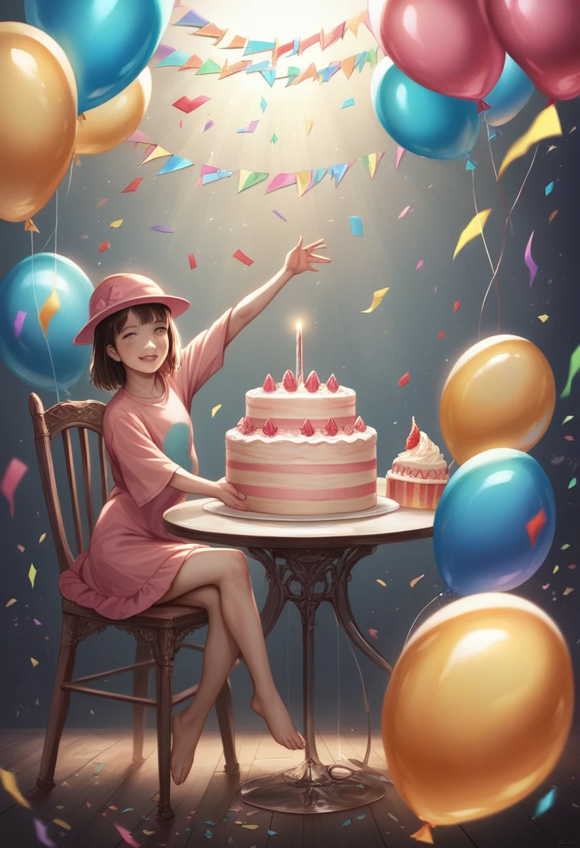 empty chair in the focus, kids around the chair, a little girl at a birthday , one empty chair, kids dancing around the chair, colorful decorations, birthday cake, balloons, hats, streamers, confetti, warm lighting, vibrant colors, playful atmosphere, detailed faces and expressions, intricate details, dynamic movement, high definition, photorealistic, 4k, masterpiece