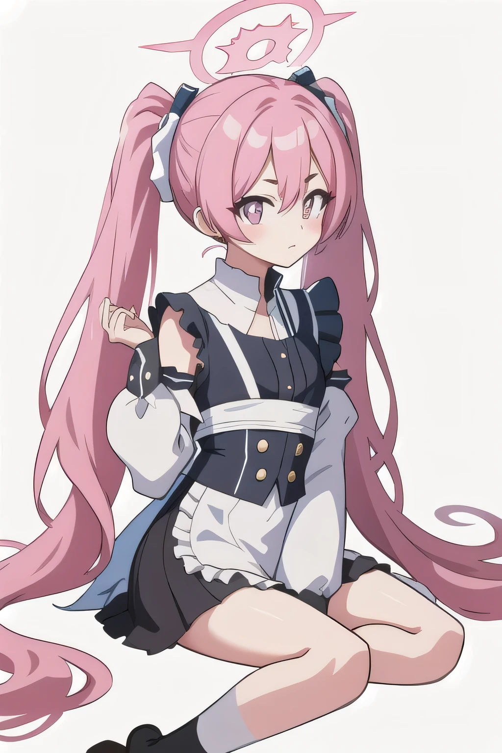 koyukiid, twintails,  very long hair. halo,cute,maid outfit,white background,sitting