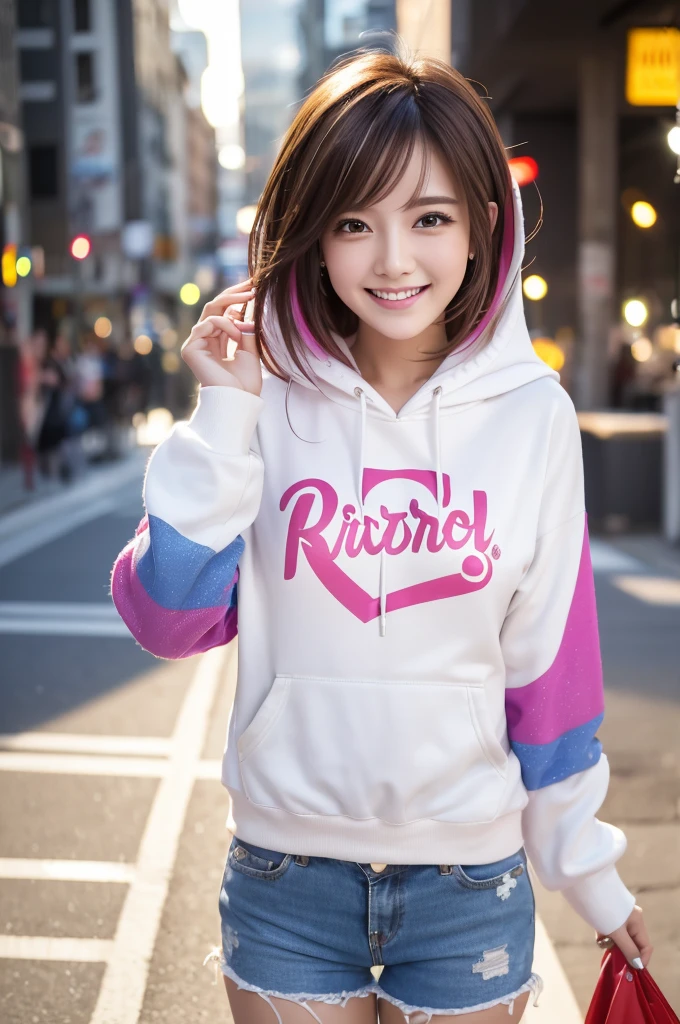 highest quality, Highest quality, masterpiece, Ultra-high resolution, Raw photo, A photo-realistic, 26-year-old woman smiling brightly as she sings., sparkling eyes, She is wearing vivid hoody, and short pants. Her hair is white and very short, with colorful highlights. (sexy body:1.2), city street, bokeh,
