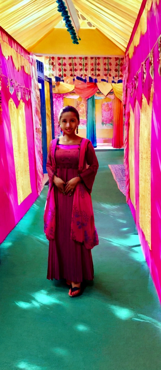 araffe woman in a pink dress standing in a brightly decorated hallway, very very low quality picture, background is heavenly, candid picture, with lovely look, idian dress, with beautiful colors, at college, wearing bihu dress mekhela sador, wearing long gown, profile picture, profile pic, traditional dress, * colour splash *