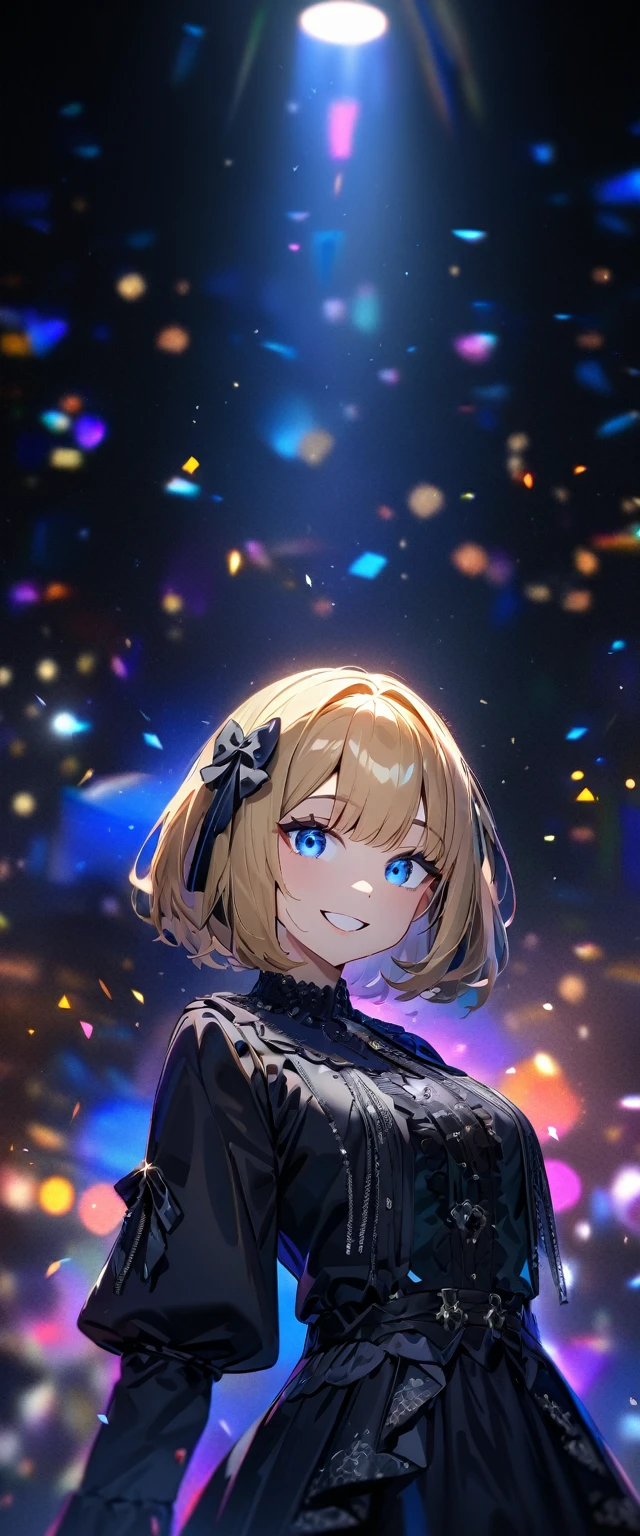 (((One girl))), Shibuya, blond hair, bob cut, (looking at viewer), upper body, breasts, teenager, head tilt:1.3, (((blue eye))), constricted pupils, (from side:1.3), ((happy smile)), (((gothic lolita:1.3))), hair ornament, hair ribbon, anime style, (best quality, 4k, 8k, highres, masterpiece:1.2, ultra-detailed, ultra-detailed eyes, HDR, UHD, studio lighting, ultra-fine painting, sharp focus, physically-based rendering, extreme detail description, professional, vivid colors, bokeh)
