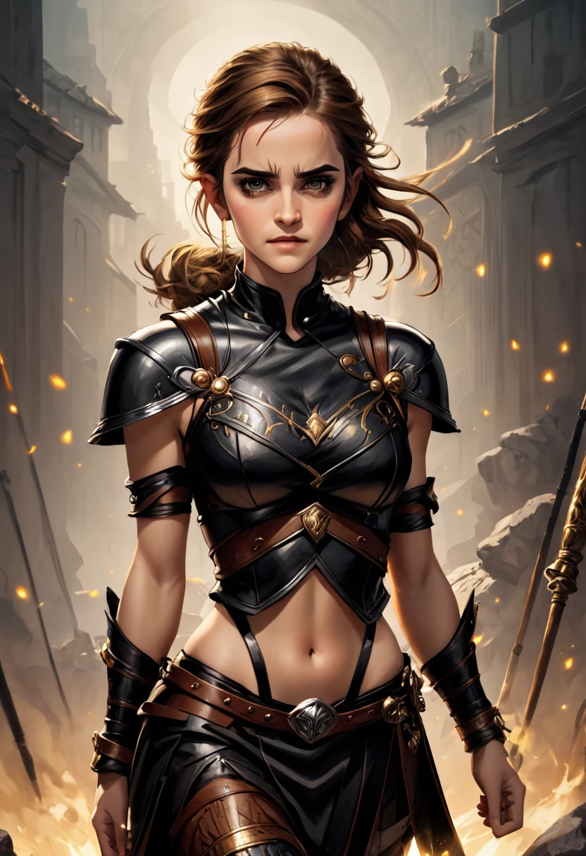 Emma Watson, Beautiful warrior woman, Gorgeous face, photo realistic, Full body running, Her presence is a symphony of contrasts, A harmony between the elegant and the reckless, dressed in parts of armor and sexy leather clothing, Elegant and warrior at the same time, His perfect anatomy stands as a guardian of an ancient time, every detail of this beautiful Viking warrior is a masterpiece, A testament to the artistic skill and technical prowess of the hands that created him, Photographic quality, His piercing gaze reveals a determination unshakable forged in the battles and challenges it has overcome., in the blurred background of the image, In an ancient city spreads like a tapestry of shadows and dancing lights.