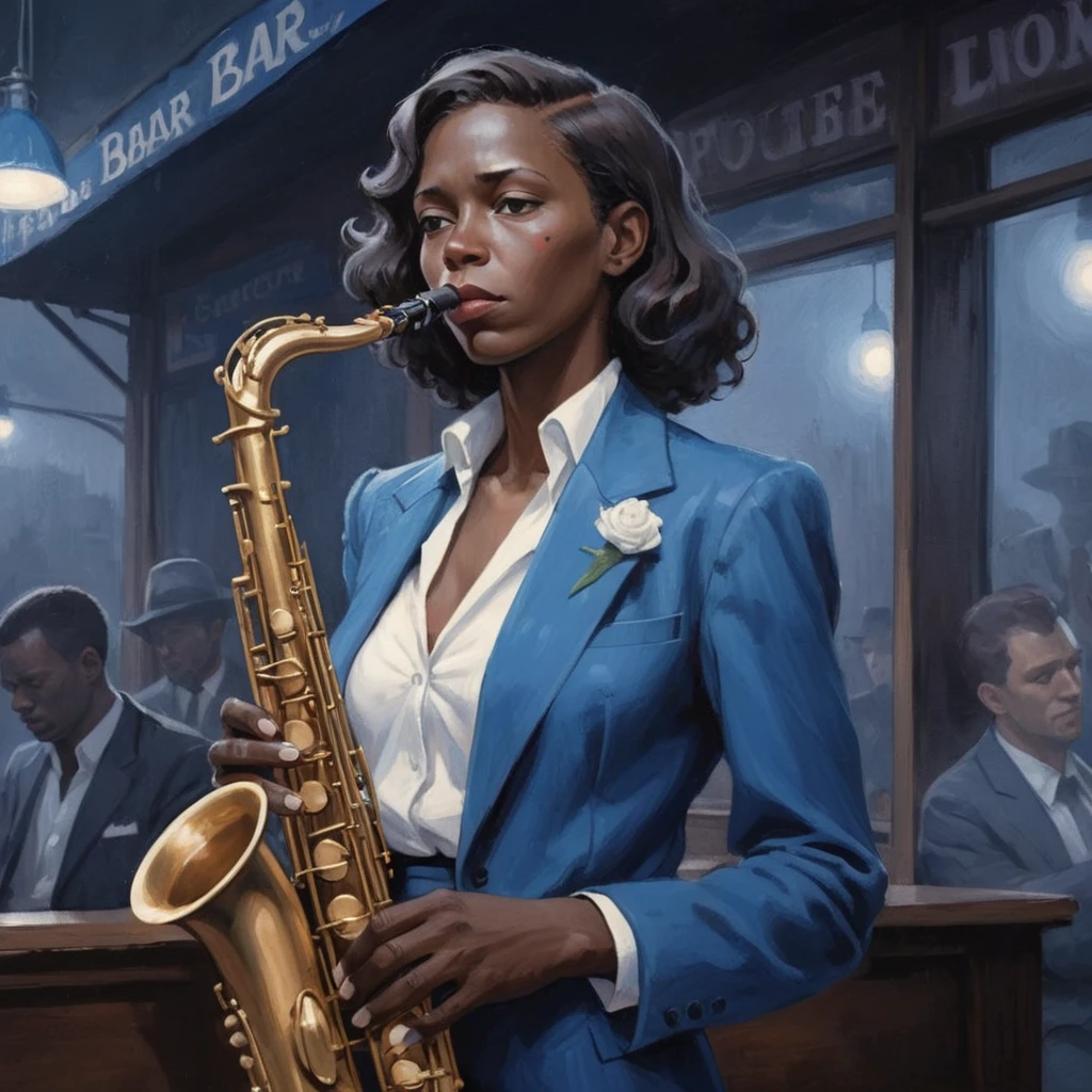 Robert Johnson, sandy, alabama bar, blue note, charismatic , illustration, white fantasy, bandera pride day, lonely brunette lady, sad ending, saxophonists